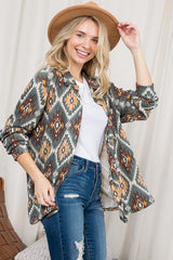 PLUS FUZZY AZTEC BUTTON DOWN SHACKET