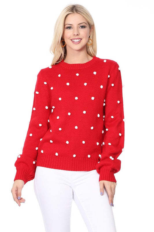 Pom Pom Crochet Polka Dot Round Neck Sweater Top