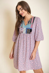 3/4 sleeve Ditsy Floral Patch Panel Boho Dress