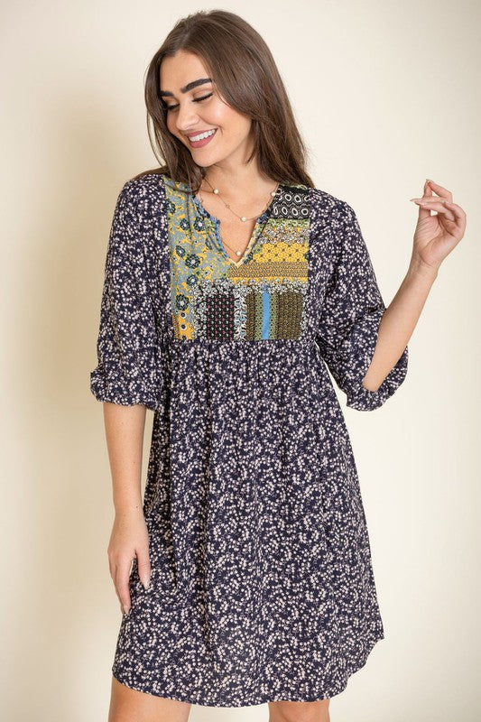 3/4 sleeve Ditsy Floral Patch Panel Boho Dress