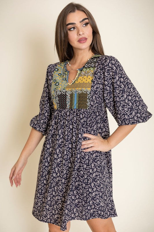 3/4 sleeve Ditsy Floral Patch Panel Boho Dress