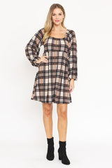 Plaid Balloon Sleeve Midi Dress