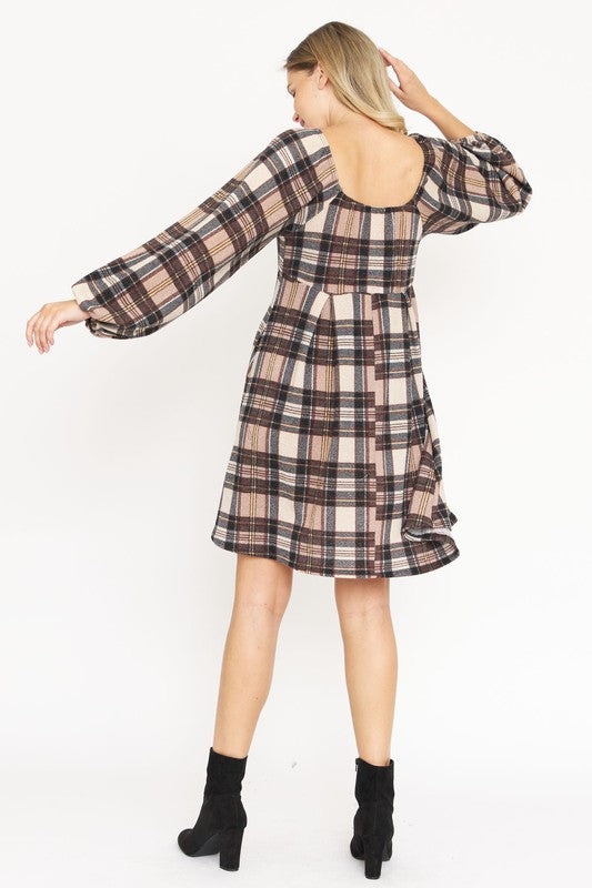 Plaid Balloon Sleeve Midi Dress