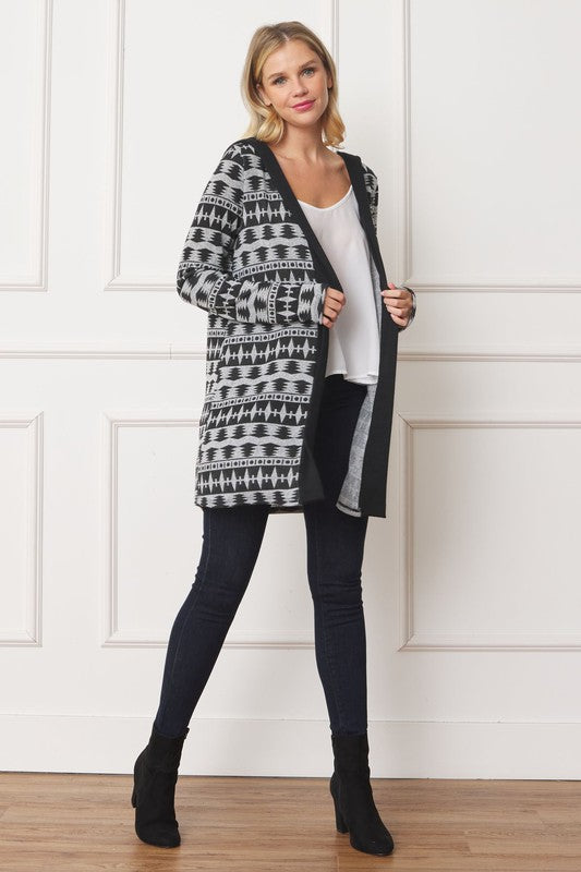 Plus Long Tribal Print Hooded Cardigan