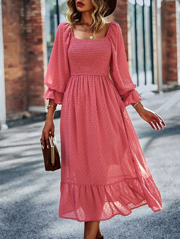 Smocked long sleeve dot dress