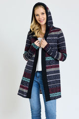 Plus Long Tribal Print Hooded Cardigan