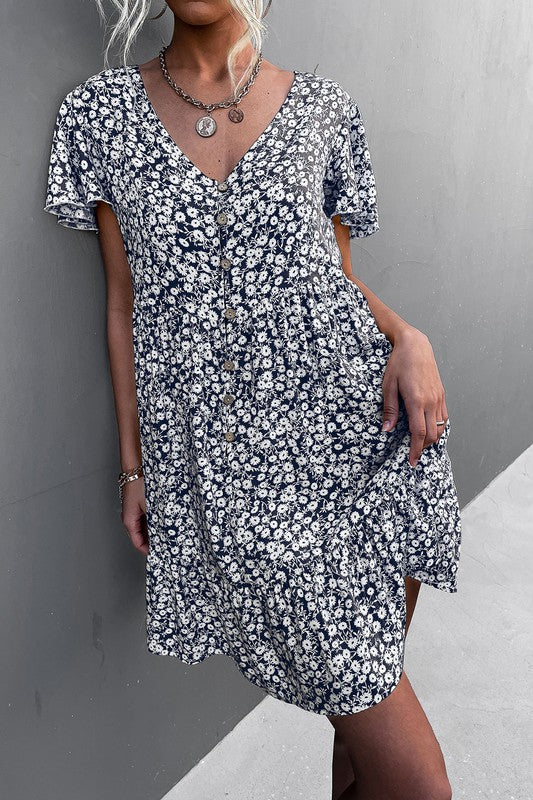 Floral Short Sleeve V Neck Midi Length Dress