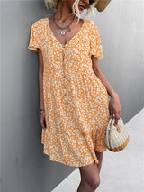 Floral Short Sleeve V Neck Midi Length Dress