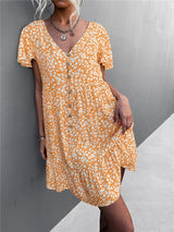 Floral Short Sleeve V Neck Midi Length Dress