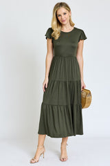 Solid Flutter Sleeve Tiered Tea Length Dress