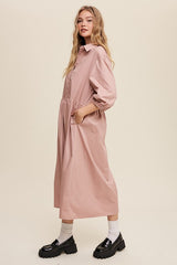 Button Front Puff Sleeve Babydoll Maxi Dress