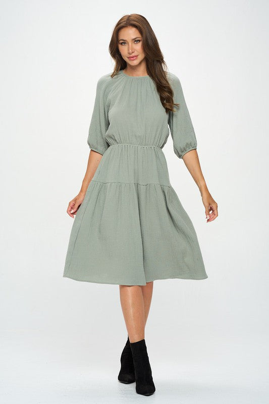 Made in USA Cotton 3/4 Sleeve Tiered Midi Dress