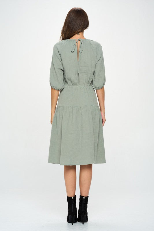 Made in USA Cotton 3/4 Sleeve Tiered Midi Dress