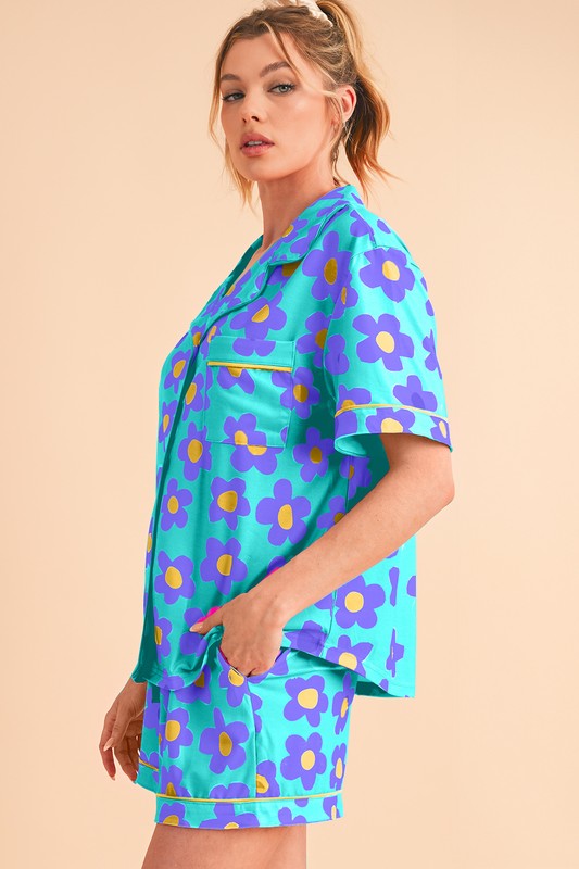 Flower Short Sleeve Shirt Pajamas Set