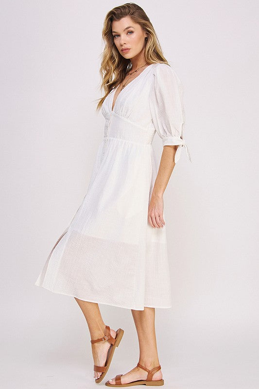 3/4 PUFF SLV TEXTURE VNECK BUTTON DOWN MIDI DRESS