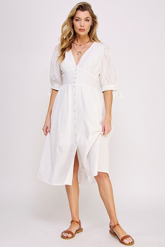 3/4 PUFF SLV TEXTURE VNECK BUTTON DOWN MIDI DRESS