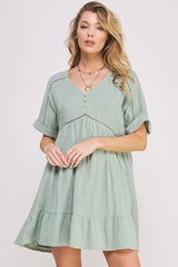 TEXTURED SHORT SLV BUTTON DOWN V-NECK SHORT DRESS