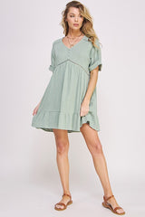 TEXTURED SHORT SLV BUTTON DOWN V-NECK SHORT DRESS