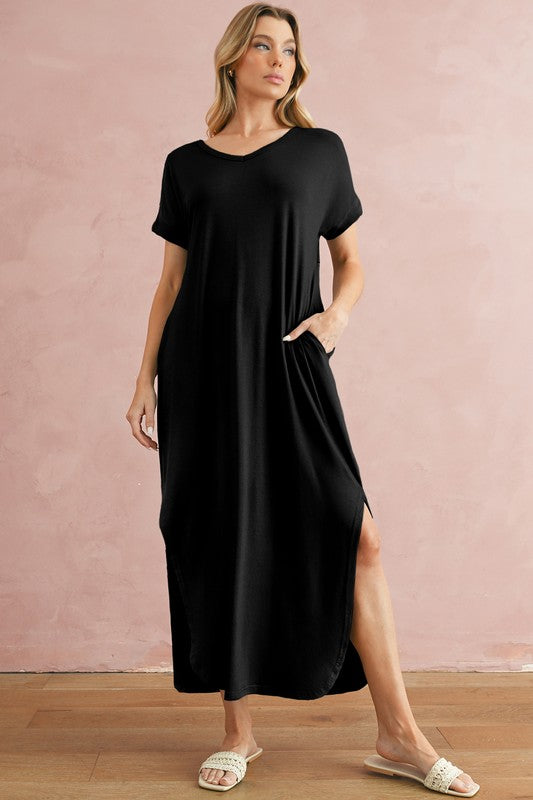 V Neck Hidden Pocket Splits Maxi T-shirt Dress