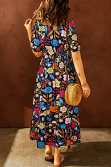 Retro Floral Printed Split Neck Maxi Dress