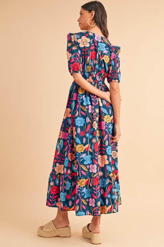 Retro Floral Printed Split Neck Maxi Dress