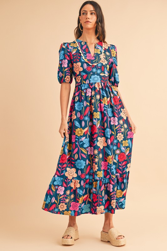 Retro Floral Printed Split Neck Maxi Dress