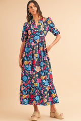 Retro Floral Printed Split Neck Maxi Dress