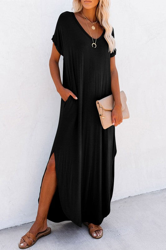 Women Hidden Pocket Splits Maxi T-shirt Dress