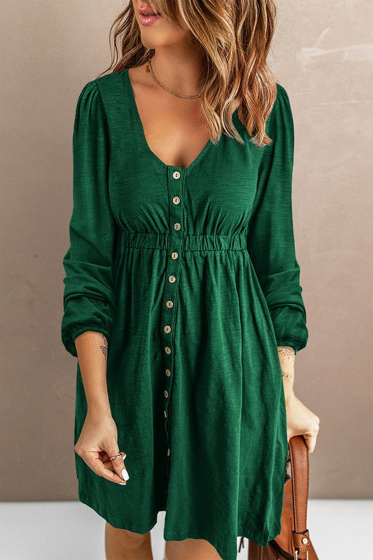 Women Button Up High Waist Long Sleeve Dress