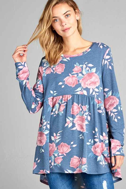 FLORAL PRINT TERRY HIGH LOW BABYDOLL TOP