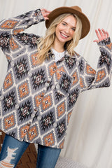 PLUS FUZZY AZTEC BUTTON DOWN SHACKET