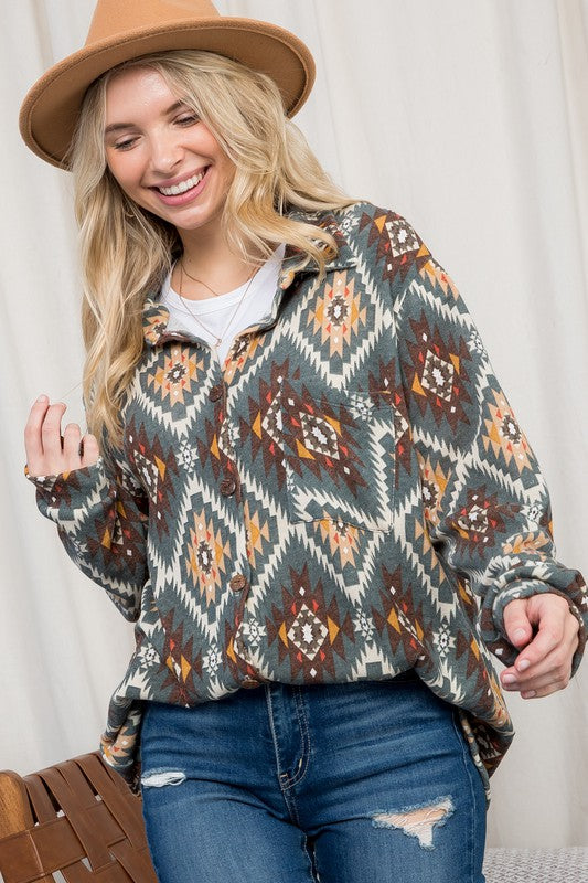 PLUS FUZZY AZTEC BUTTON DOWN SHACKET