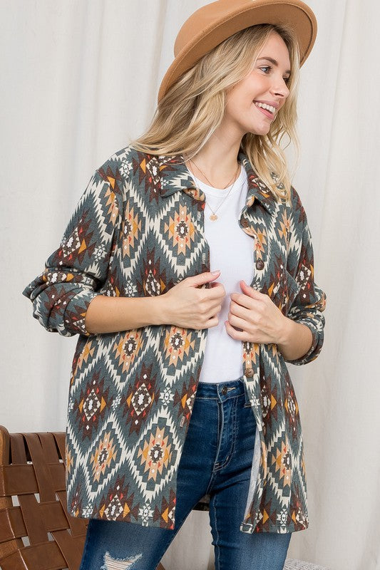 PLUS FUZZY AZTEC BUTTON DOWN SHACKET