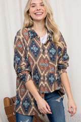 PLUS FUZZY AZTEC BUTTON DOWN SHACKET