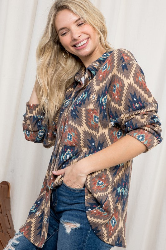 PLUS FUZZY AZTEC BUTTON DOWN SHACKET