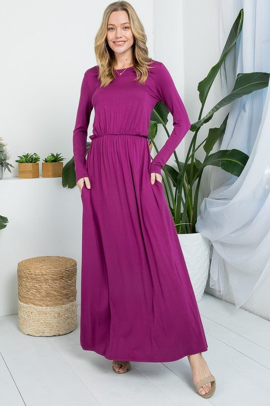 SOLID ELASTIC WAIST MAXI DRESS