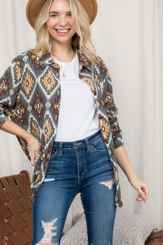 PLUS FUZZY AZTEC BUTTON DOWN SHACKET