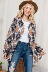 PLUS FUZZY AZTEC BUTTON DOWN SHACKET