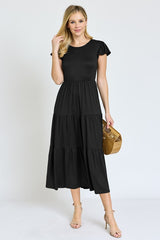 Solid Flutter Sleeve Tiered Tea Length Dress